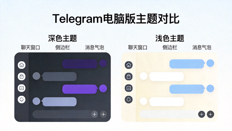 对比展示自定义的深色主题和浅色主题在Telegram电脑版上的预览效果