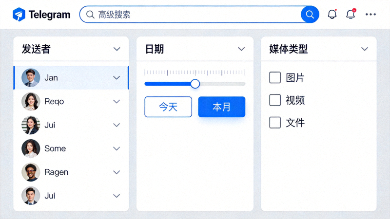 Telegram电脑版高级搜索界面，展示按发送者、日期、媒体类型过滤的选项