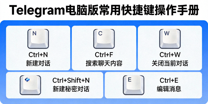 Telegram电脑版快捷键操作手册图示，列出常用快捷键如Ctrl+N新建对话、Ctrl+F搜索等