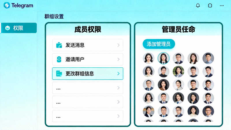 Telegram电脑版群组设置界面，高亮显示成员权限和管理员任命选项