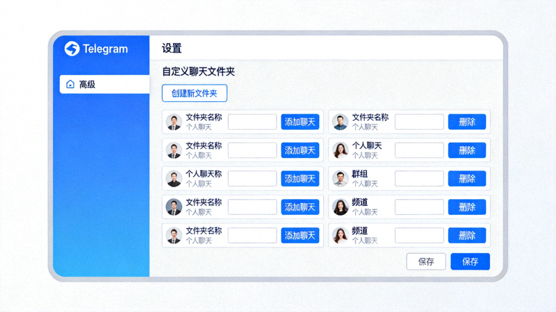 Telegram电脑版设置中创建和管理自定义聊天文件夹的界面截图
