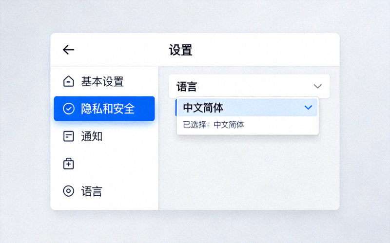 Telegram电脑版设置菜单截图，高亮显示语言选项并已选择中文简体