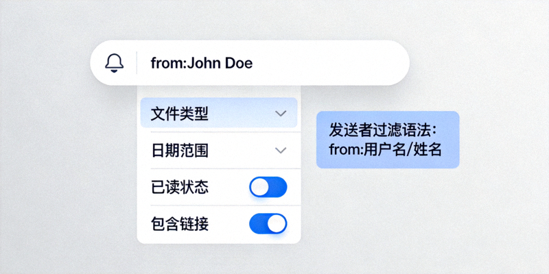 Telegram电脑版搜索框展示高级过滤选项和发送者过滤语法的界面