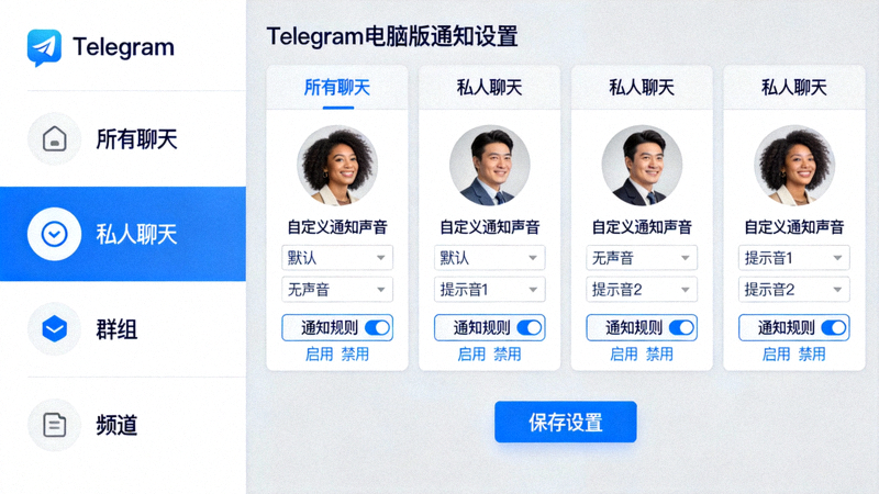 Telegram电脑版通知设置面板，展示为不同聊天类型设置自定义声音和规则的选项