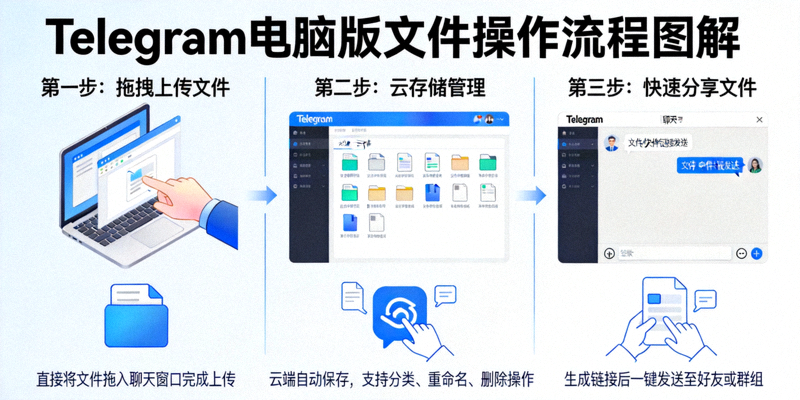 Telegram电脑版文件操作流程图解，展示拖拽上传、云存储管理和快速分享文件的过程