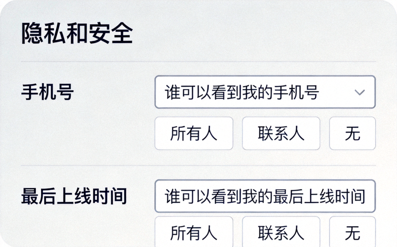 Telegram电脑版隐私设置菜单截图，展示手机号、最后上线时间等选项的下拉选择框