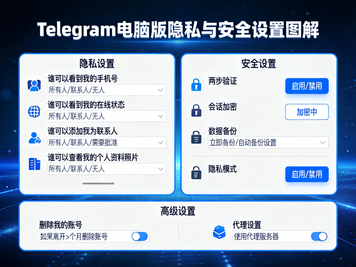 Telegram电脑版隐私与安全设置菜单的详细图解，突出显示端到端加密和两步验证选项
