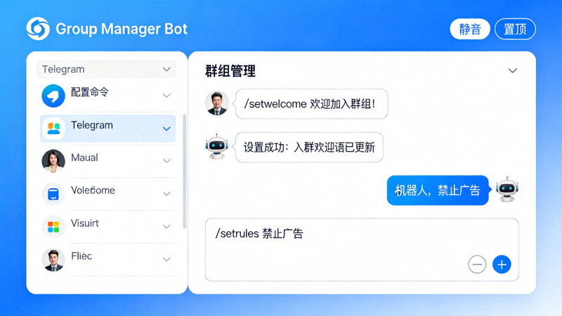 Telegram电脑版与群组管理机器人的对话界面，展示配置命令和设置选项