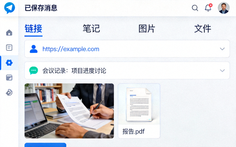 Telegram电脑版中‘已保存消息’聊天界面，里面存放着链接、笔记、图片和文件
