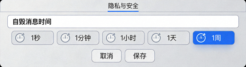 Telegram电脑版自毁消息时间设置菜单截图，展示从1秒到1周的不同时间选项