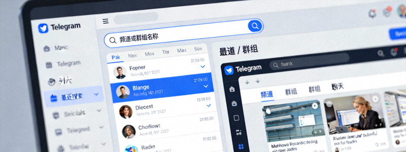 在Telegram电脑版搜索框中输入频道或群组名称进行搜索的界面截图