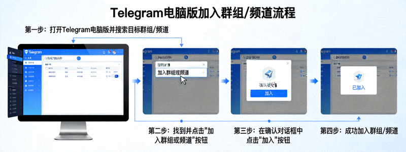 展示在Telegram电脑版中点击加入群组或频道按钮的流程示意图
